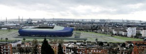 Les cinq projets proposés pour le nouveau stade du Havre ont été intégrés dans la maquette 3D afin d'être présentés aux décideurs de la même façon et permettre une analyse des offres la plus équitable possible.
